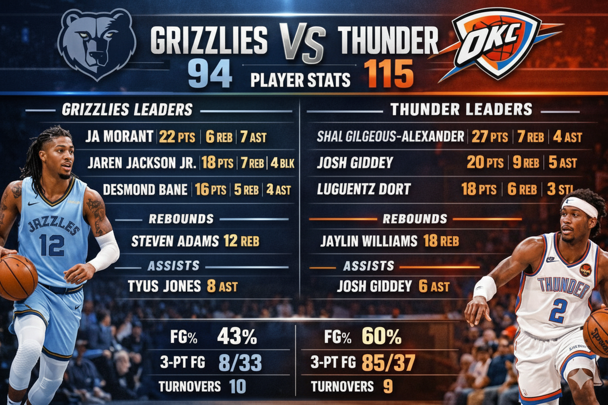 Memphis Grizzlies vs OKC Thunder Match Player Stats