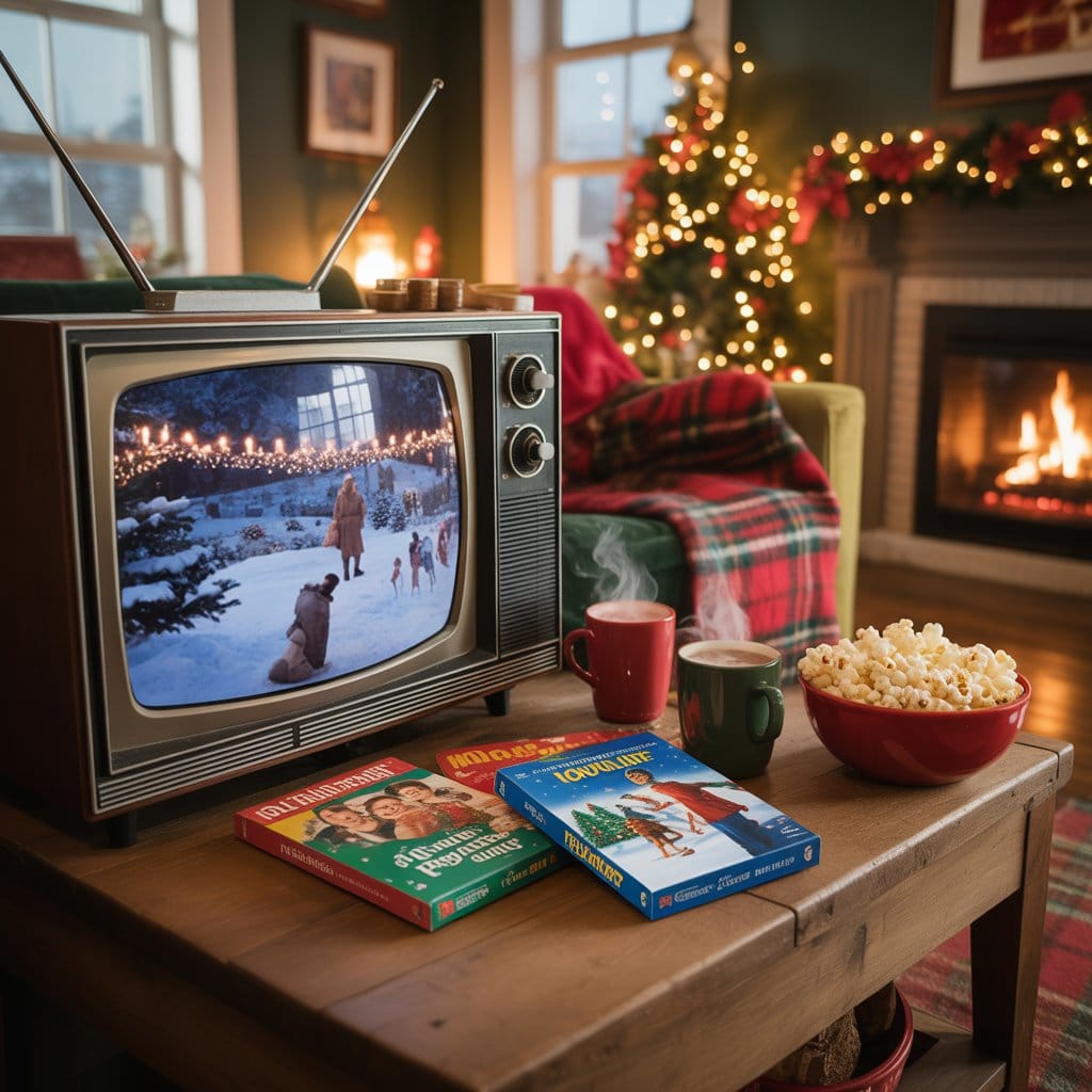 Cozy Christmas movie night scene with warm lights