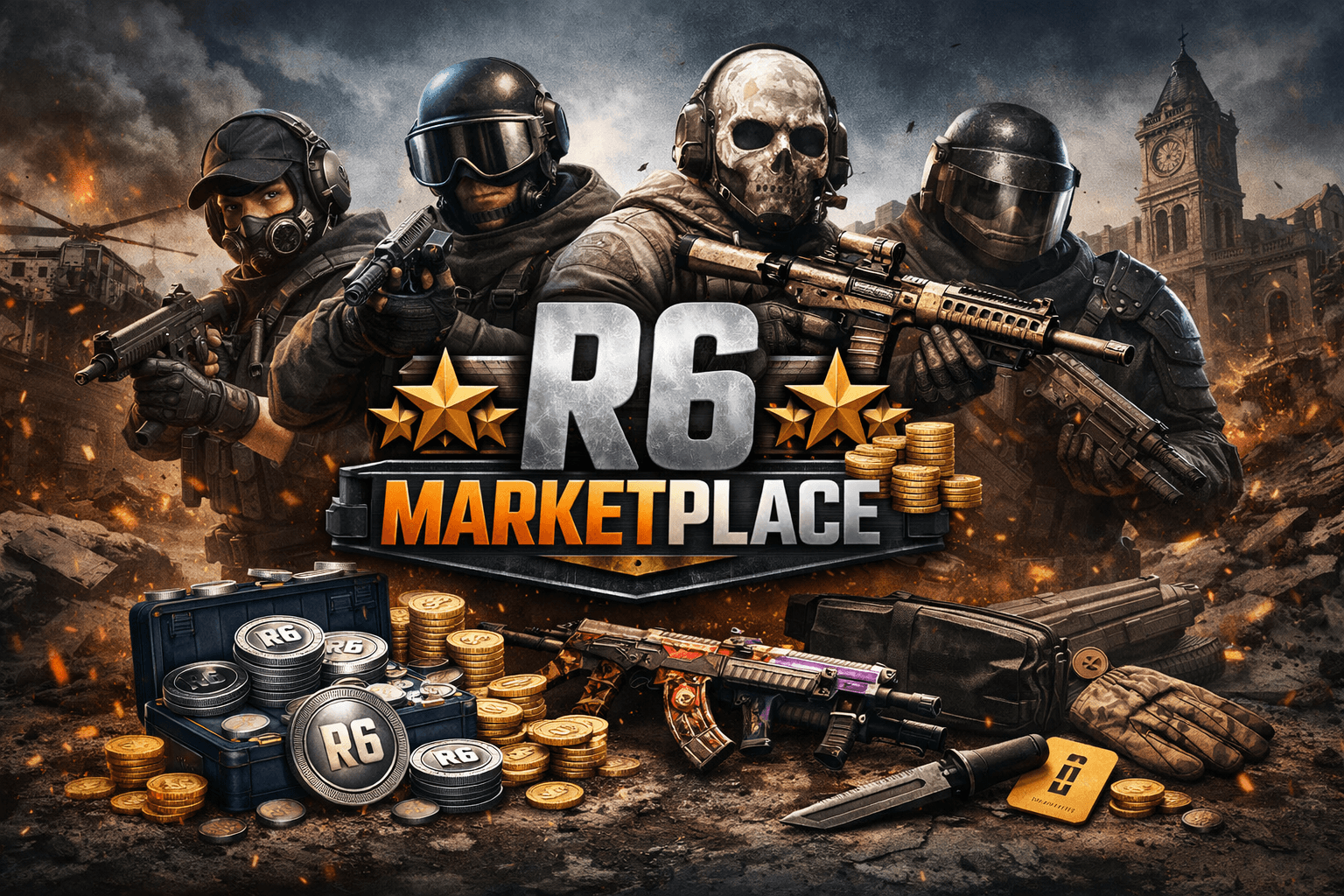 R6 Marketplace guide hero image with luxury black and gold theme