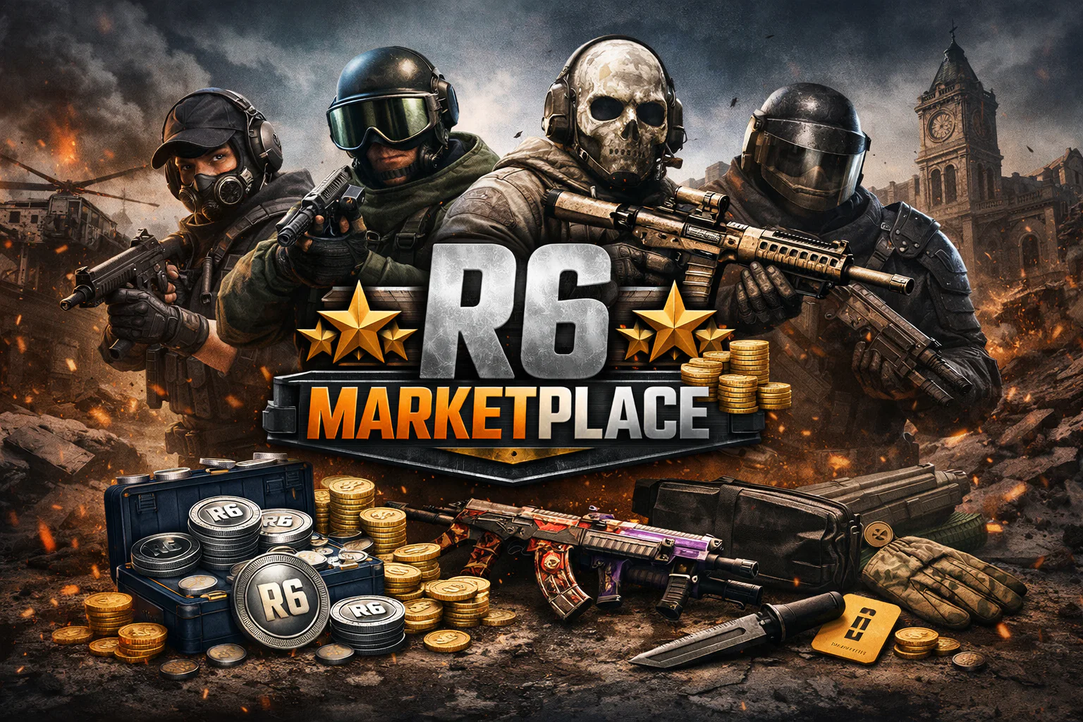 R6 Marketplace guide hero image with luxury black and gold theme