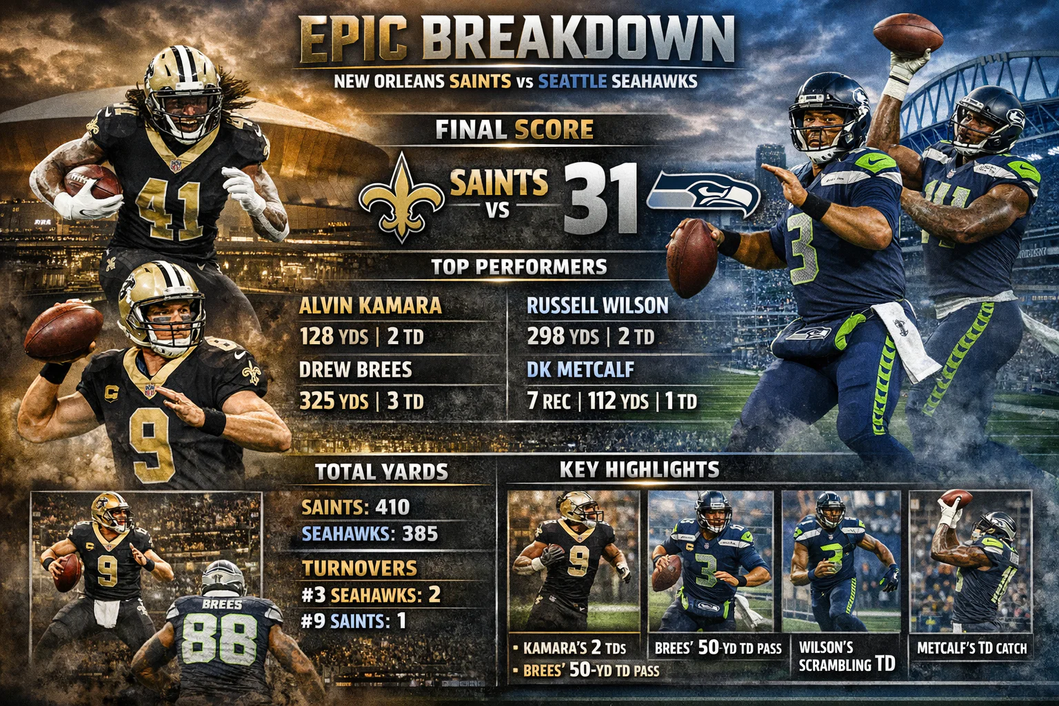 New Orleans Saints vs Seahawks Match Player Stats