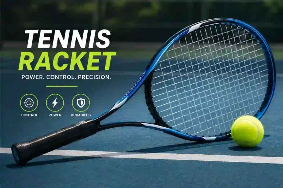 Tennis racket and tennis ball on a hard court