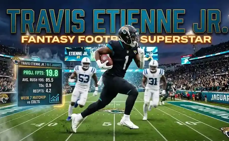 Travis Etienne Jr. running with football in Jacksonville Jaguars uniform with fantasy stats overlay