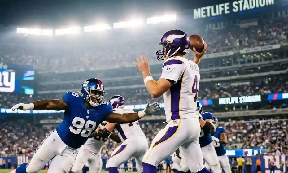 A Minnesota Vikings quarterback in a purple uniform winds up to throw a deep pass while New York Giants defenders close in under bright MetLife Stadium lights.