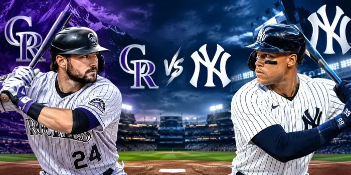 Rockies vs Yankees MLB baseball matchup featuring both teams in a dramatic stadium setting