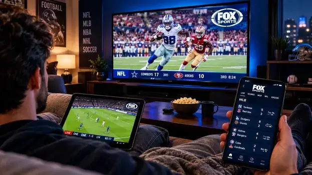 Fox Sports live streaming on TV with MLB scores on smartphone