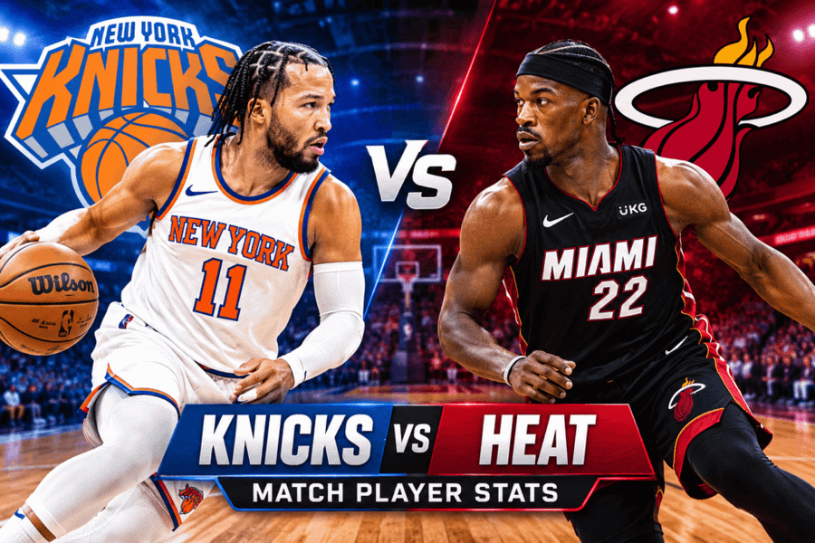 Knicks vs Miami Heat Match Player Stats featuring NBA players on the basketball court