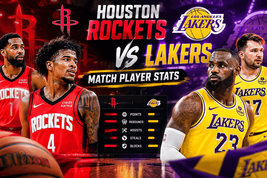 Houston Rockets vs Lakers match player stats featuring Rockets and Lakers basketball players.
