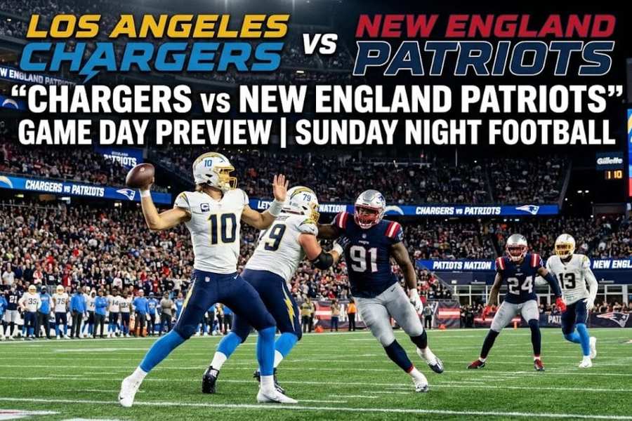 Los Angeles Chargers vs New England Patriots NFL football match featured header image displaying dynamic action gameplay, stadium lights, and team branding.